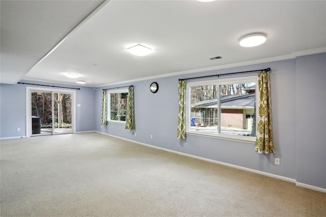 spare room featuring carpet flooring, ornamental molding, and a healthy amount of sunlight