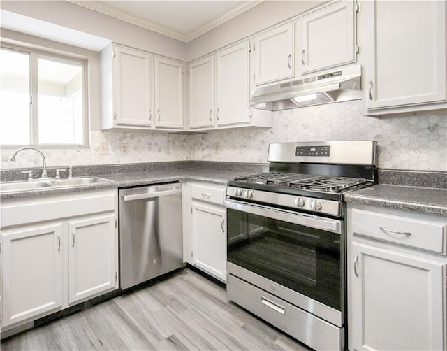 kitchen featuring decorative backsplash, appliances with stainless steel finishes, ornamental molding, under cabinet range hood, and a sink