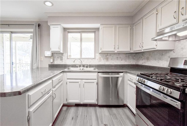kitchen featuring appliances with stainless steel finishes, crown molding, under cabinet range hood, white cabinetry, and a sink