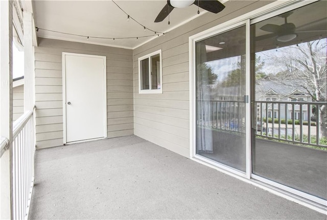 exterior space with a ceiling fan