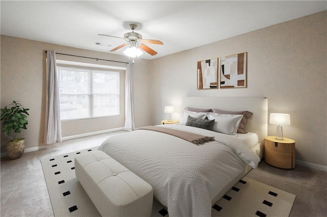 bedroom featuring ceiling fan, carpet flooring, visible vents, and baseboards