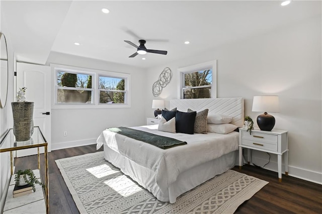 bedroom featuring ceiling fan, baseboards, wood finished floors, and recessed lighting