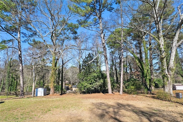 view of yard featuring a storage unit, an outdoor structure, and fence