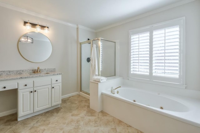 full bath with a whirlpool tub, a shower stall, vanity, and crown molding