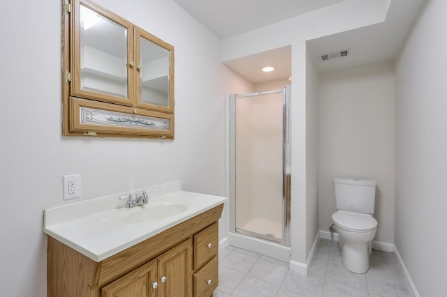 bathroom with visible vents, baseboards, toilet, vanity, and a shower stall