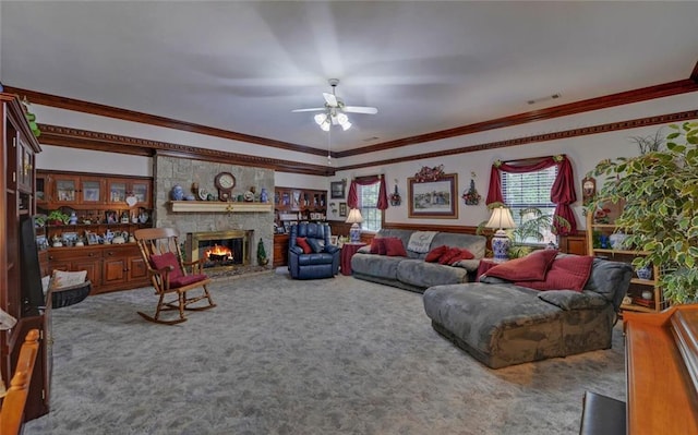 carpeted living room with visible vents, crown molding, ceiling fan, and a fireplace
