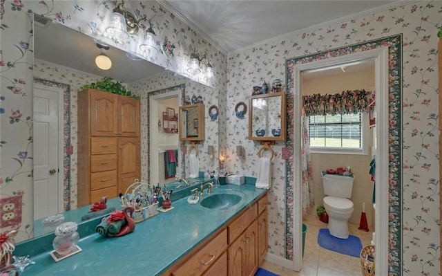 full bathroom with vanity, visible vents, tile patterned flooring, wallpapered walls, and ornamental molding