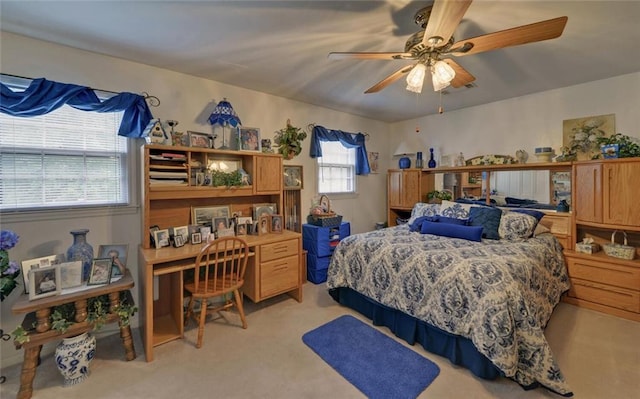 bedroom with light colored carpet