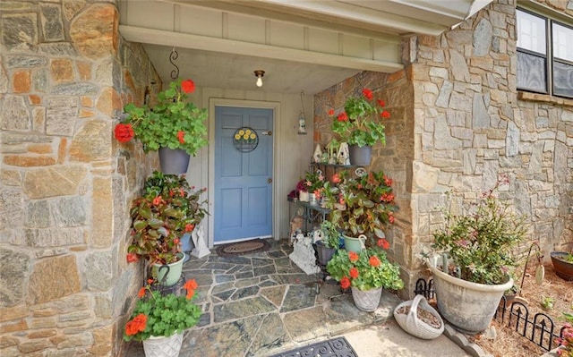 property entrance featuring stone siding