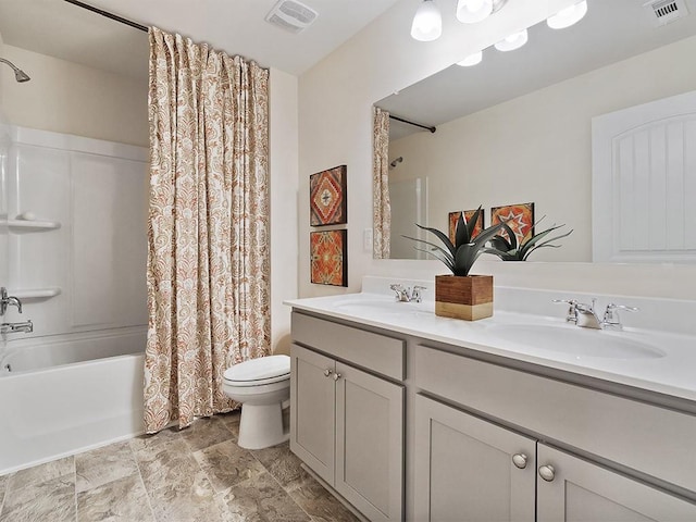 366 Lost Creek Blvd, Dallas, GA 30132 - full bathroom with toilet, shower / bath combo with shower curtain, double vanity, and stone finish flooring