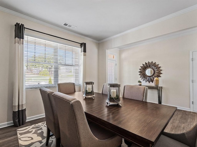 366 Lost Creek Blvd, Dallas, GA 30132 - dining area featuring dark wood-type flooring, baseboards, and crown molding