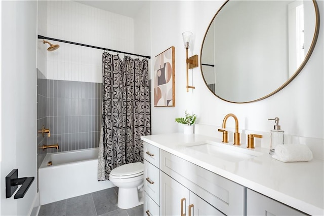 full bathroom with toilet, tile patterned floors, vanity, and shower / bathtub combination with curtain