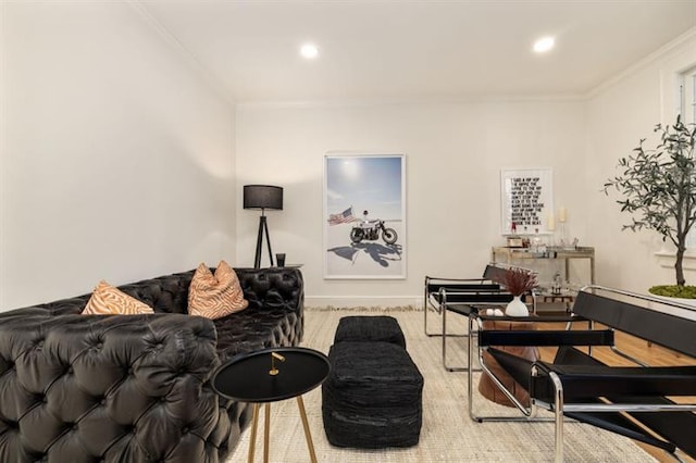 living area featuring recessed lighting and crown molding