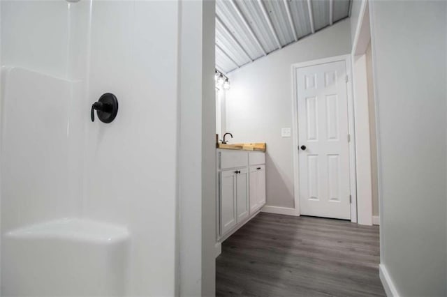 2125 Mccollum Church Rd, Lineville, AL 36266 - full bath featuring vanity, baseboards, wood finished floors, and a shower