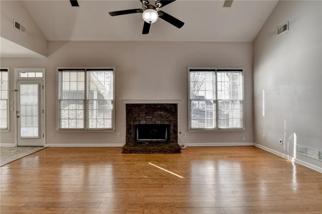 unfurnished living room featuring vaulted ceiling, wood finished floors, and visible vents