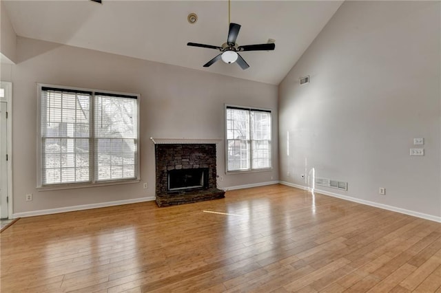 unfurnished living room with high vaulted ceiling, wood-type flooring, visible vents, and a fireplace