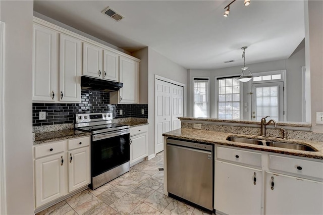 kitchen featuring visible vents, marble finish floor, stainless steel appliances, under cabinet range hood, and a sink