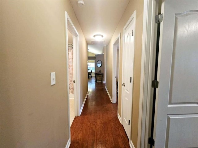 hallway with dark hardwood / wood-style flooring