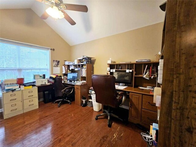 office space with hardwood / wood-style floors, ceiling fan, and lofted ceiling