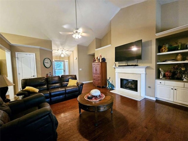 living room with built in features, ceiling fan, high vaulted ceiling, and dark hardwood / wood-style floors