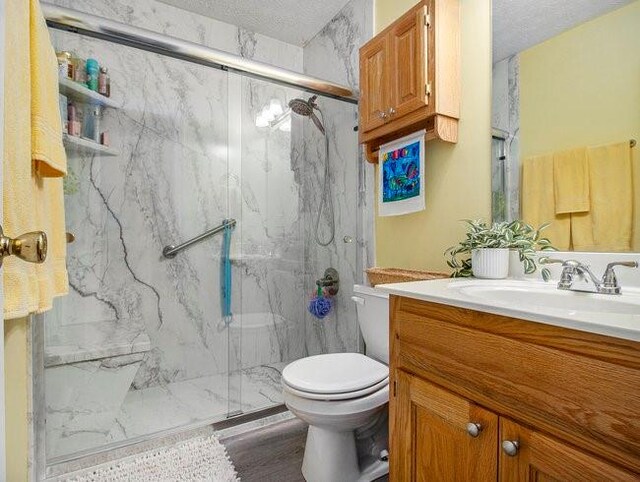 bathroom featuring vanity, an enclosed shower, a textured ceiling, and toilet