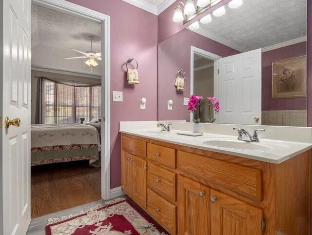 bathroom featuring ceiling fan, ornamental molding, a textured ceiling, vanity, and hardwood / wood-style flooring