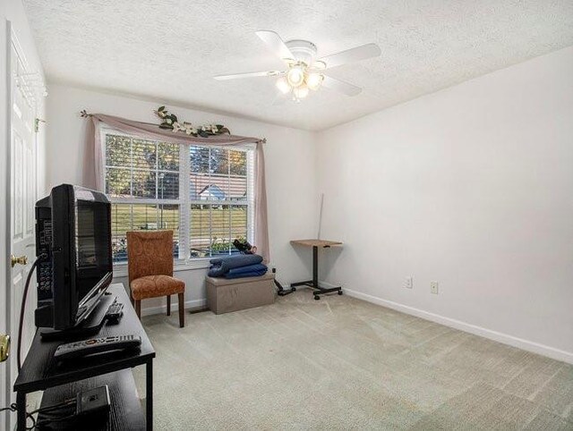 misc room with light carpet, ceiling fan, and a textured ceiling