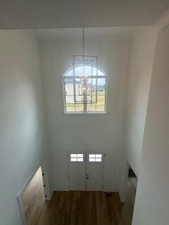 entrance foyer with an inviting chandelier and dark wood-style flooring