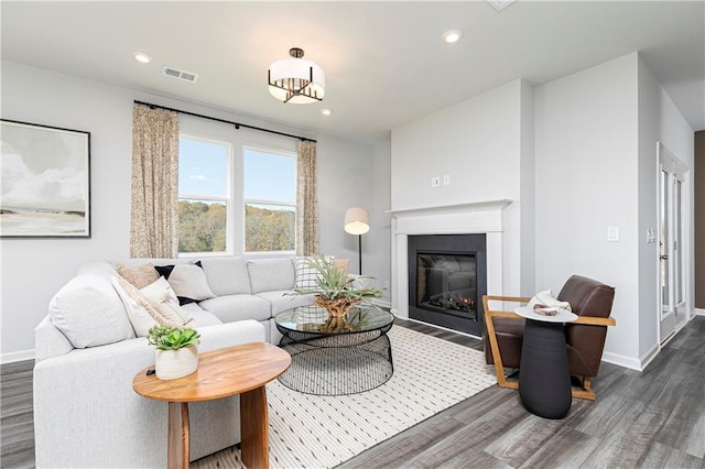 505 Regency Trl, Acworth, GA 30102 - living room featuring wood finished floors, a glass covered fireplace, baseboards, and recessed lighting