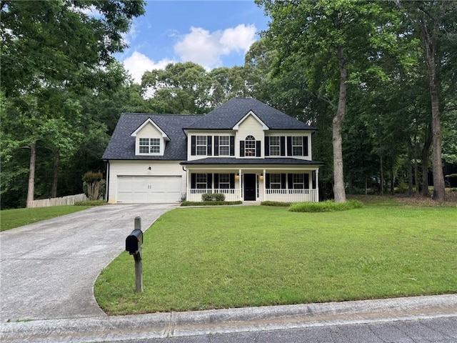 7454 Woody Springs Dr, Flowery Branch, GA 30542 - colonial house featuring covered porch, driveway, a front lawn, roof with shingles, and an attached garage