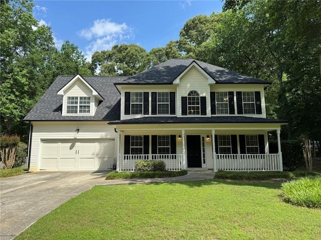 7454 Woody Springs Dr, Flowery Branch, GA 30542 - colonial-style house featuring a porch, an attached garage, driveway, a shingled roof, and a front yard