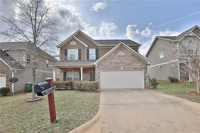 traditional-style house with a front yard, an attached garage, brick siding, and driveway