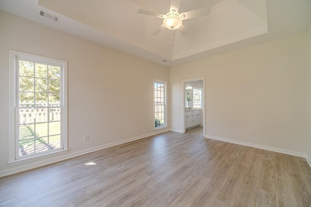 empty room featuring a raised ceiling, plenty of natural light, and light wood-type flooring