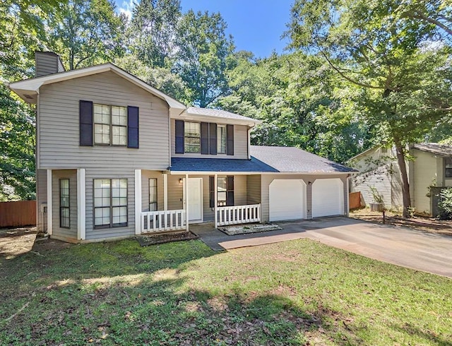 view of front of property featuring a porch, a garage, and a front lawn