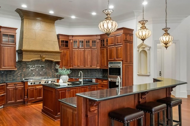 kitchen featuring dark wood-type flooring, tasteful backsplash, an island with sink, custom range hood, and appliances with stainless steel finishes