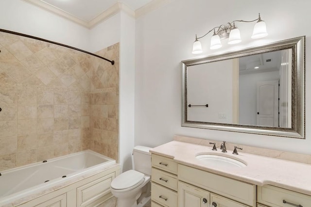 full bathroom with crown molding, vanity, tiled shower / bath combo, and toilet