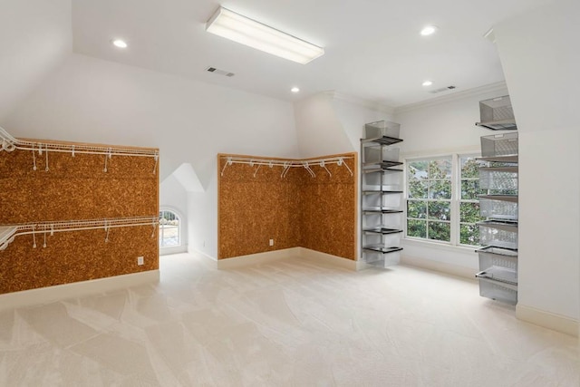 spacious closet featuring light colored carpet