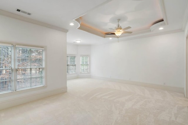 carpeted spare room featuring a raised ceiling, ceiling fan, and crown molding