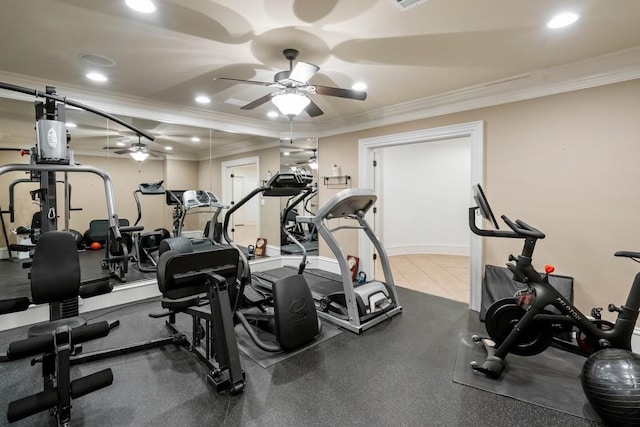 gym featuring ceiling fan and crown molding