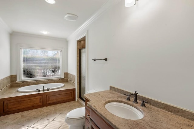 full bathroom with vanity, crown molding, tile patterned flooring, toilet, and independent shower and bath