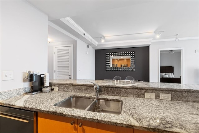 kitchen featuring rail lighting, dishwasher, a sink, light stone counters, and ornamental molding