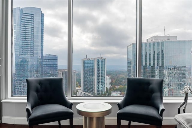 living area featuring a view of city, baseboards, and wood finished floors