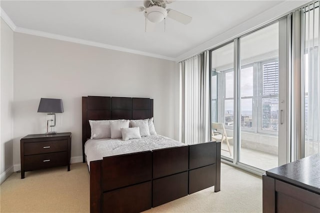 bedroom with crown molding, light carpet, baseboards, ceiling fan, and access to outside