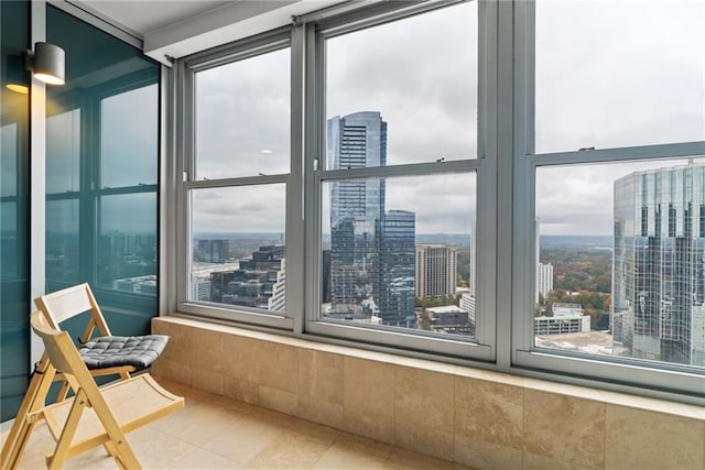 interior space with a city view
