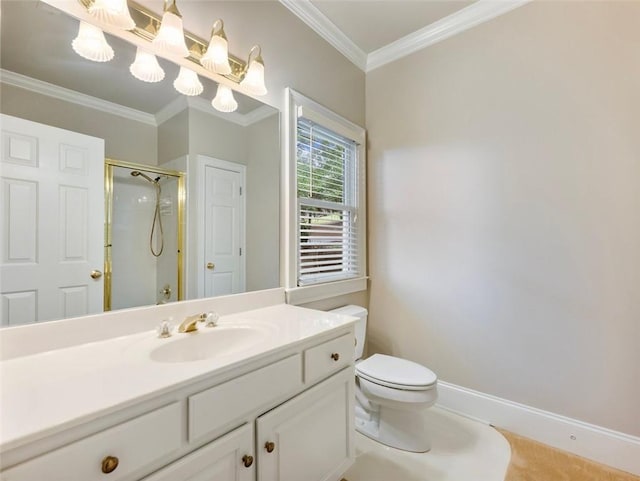 full bathroom with baseboards, ornamental molding, toilet, a shower stall, and vanity