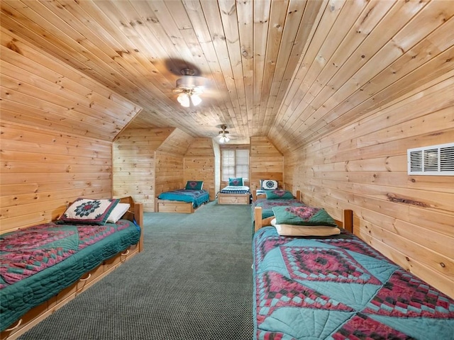 carpeted bedroom featuring wood walls, wooden ceiling, and lofted ceiling