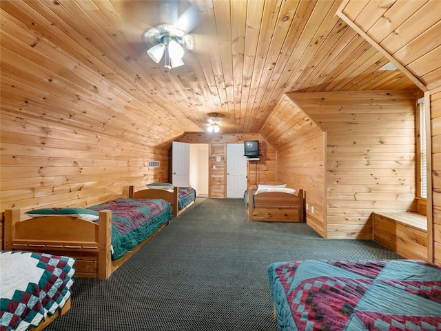carpeted bedroom featuring wooden walls, visible vents, wooden ceiling, and lofted ceiling