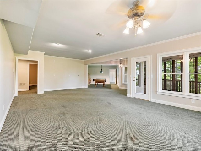 unfurnished living room featuring crown molding, baseboards, carpet, and pool table