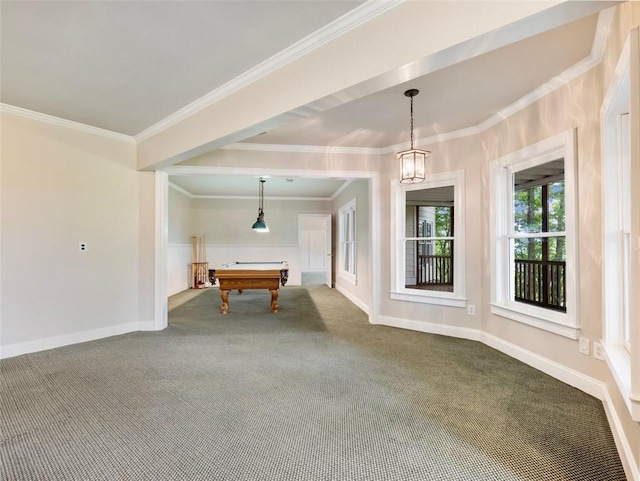 game room with dark colored carpet, baseboards, crown molding, and pool table