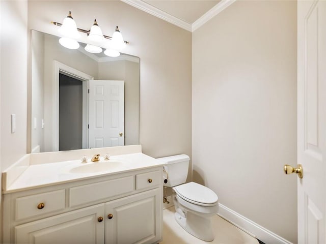 half bath with toilet, vanity, baseboards, and ornamental molding